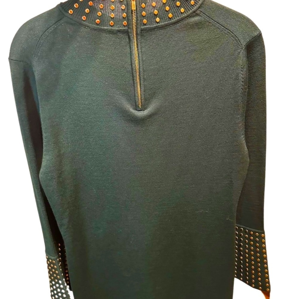 Calvin Klein Long Sleeve Green Mock Neck Sheath Dress With Gold Studs-NWT-L - Picture 6 of 15